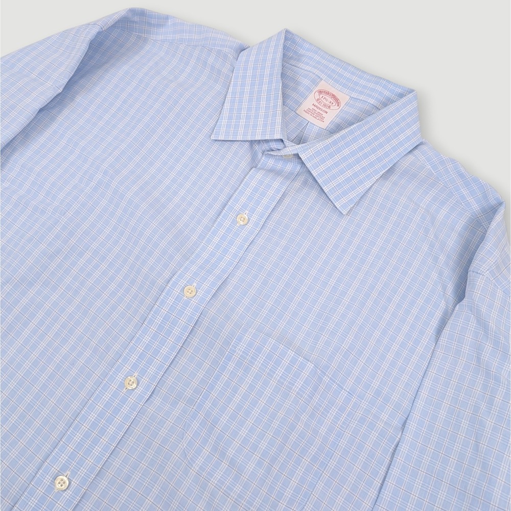 Brooks Brothers Madison Fit Dress Shirt Mens 17.5-33 Blue Plaid Relaxed Casual